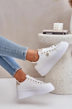 Buty Sportowe Na Platformie|Sneakersy Damskie></noscript>Boto Eko Skórzane Sneakersy Na Platformie Ze Złotym Detalem Biało-Beżowe Zingie