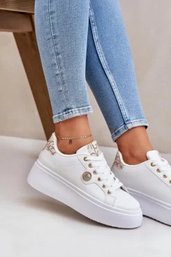 Buty Sportowe Na Platformie|Sneakersy Damskie></noscript>Boto Eko Skórzane Sneakersy Na Platformie Ze Złotym Detalem Biało-Beżowe Zingie