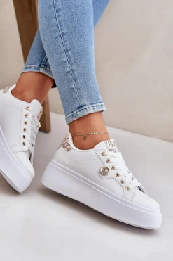Buty Sportowe Na Platformie|Sneakersy Damskie></noscript>Boto Eko Skórzane Sneakersy Na Platformie Ze Złotym Detalem Biało-Beżowe Zingie