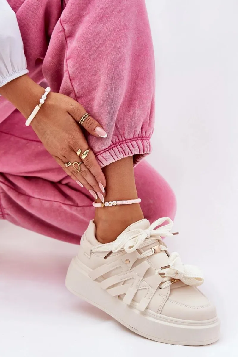 New Eko Skórzane Sneakersy Na Platformie Beżowe Penolle Damskie Buty Sportowe Na Platformie|Sneakersy Damskie