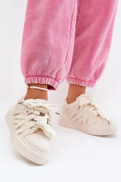 New Eko Skórzane Sneakersy Na Platformie Beżowe Penolle Damskie Buty Sportowe Na Platformie|Sneakersy Damskie