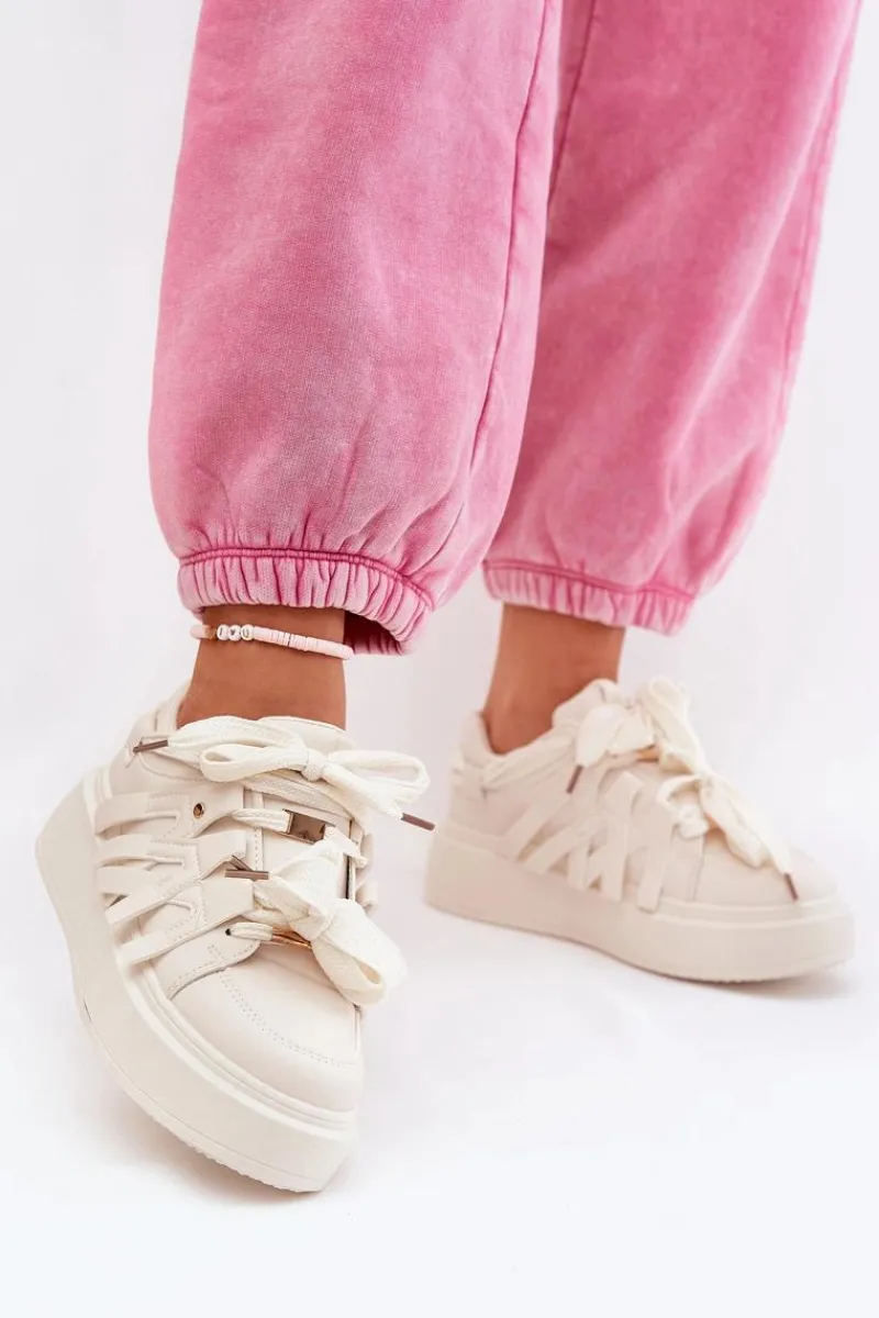 New Eko Skórzane Sneakersy Na Platformie Beżowe Penolle Damskie Buty Sportowe Na Platformie|Sneakersy Damskie