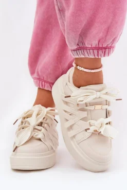 New Eko Skórzane Sneakersy Na Platformie Beżowe Penolle Damskie Buty Sportowe Na Platformie|Sneakersy Damskie