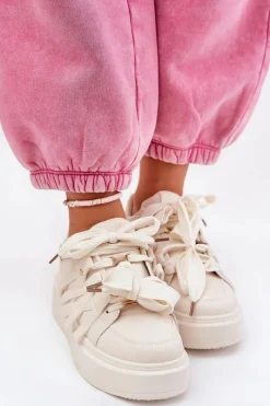 New Eko Skórzane Sneakersy Na Platformie Beżowe Penolle Damskie Buty Sportowe Na Platformie|Sneakersy Damskie