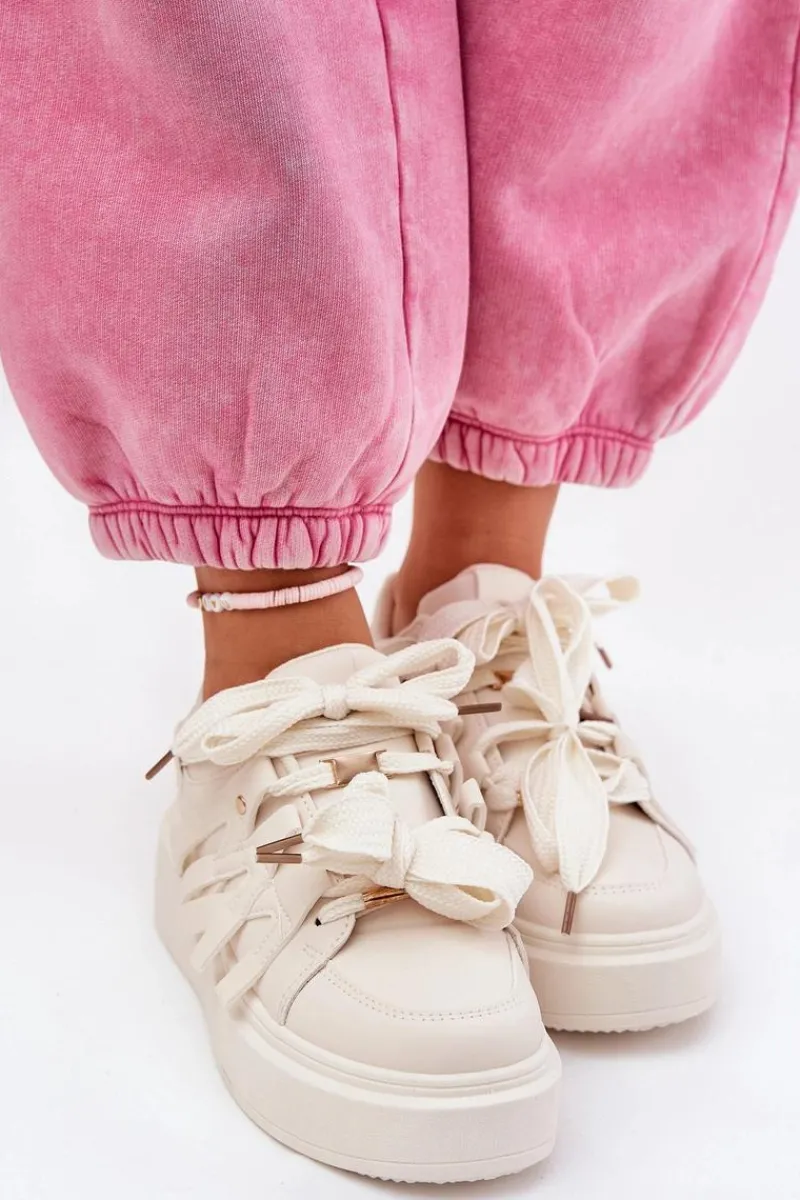 New Eko Skórzane Sneakersy Na Platformie Beżowe Penolle Damskie Buty Sportowe Na Platformie|Sneakersy Damskie