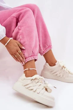 New Eko Skórzane Sneakersy Na Platformie Beżowe Penolle Damskie Buty Sportowe Na Platformie|Sneakersy Damskie