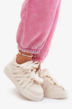 New Eko Skórzane Sneakersy Na Platformie Beżowe Penolle Damskie Buty Sportowe Na Platformie|Sneakersy Damskie
