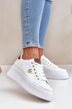 Sale Boto Eko Skórzane Sneakersy Na Platformie Ze Złotym Detalem Biało-Brązowe Zingie