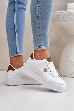 Sale Boto Eko Skórzane Sneakersy Na Platformie Ze Złotym Detalem Biało-Brązowe Zingie