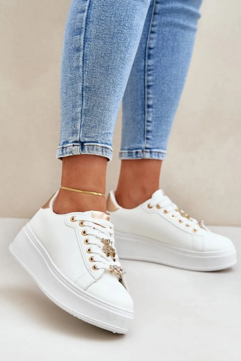 Online Eko Skórzane Sneakersy Z Przypinkami Biało-Złote Enalirae Damskie Buty Sportowe Na Platformie|Sneakersy Damskie