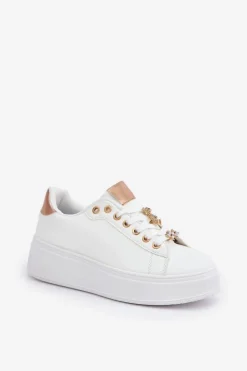 Online Eko Skórzane Sneakersy Z Przypinkami Biało-Złote Enalirae Damskie Buty Sportowe Na Platformie|Sneakersy Damskie