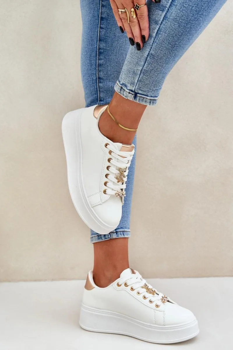 Online Eko Skórzane Sneakersy Z Przypinkami Biało-Złote Enalirae Damskie Buty Sportowe Na Platformie|Sneakersy Damskie