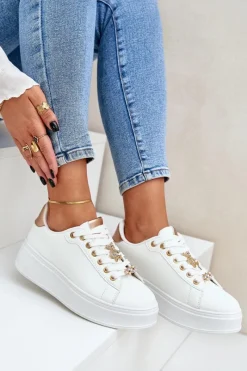 Online Eko Skórzane Sneakersy Z Przypinkami Biało-Złote Enalirae Damskie Buty Sportowe Na Platformie|Sneakersy Damskie