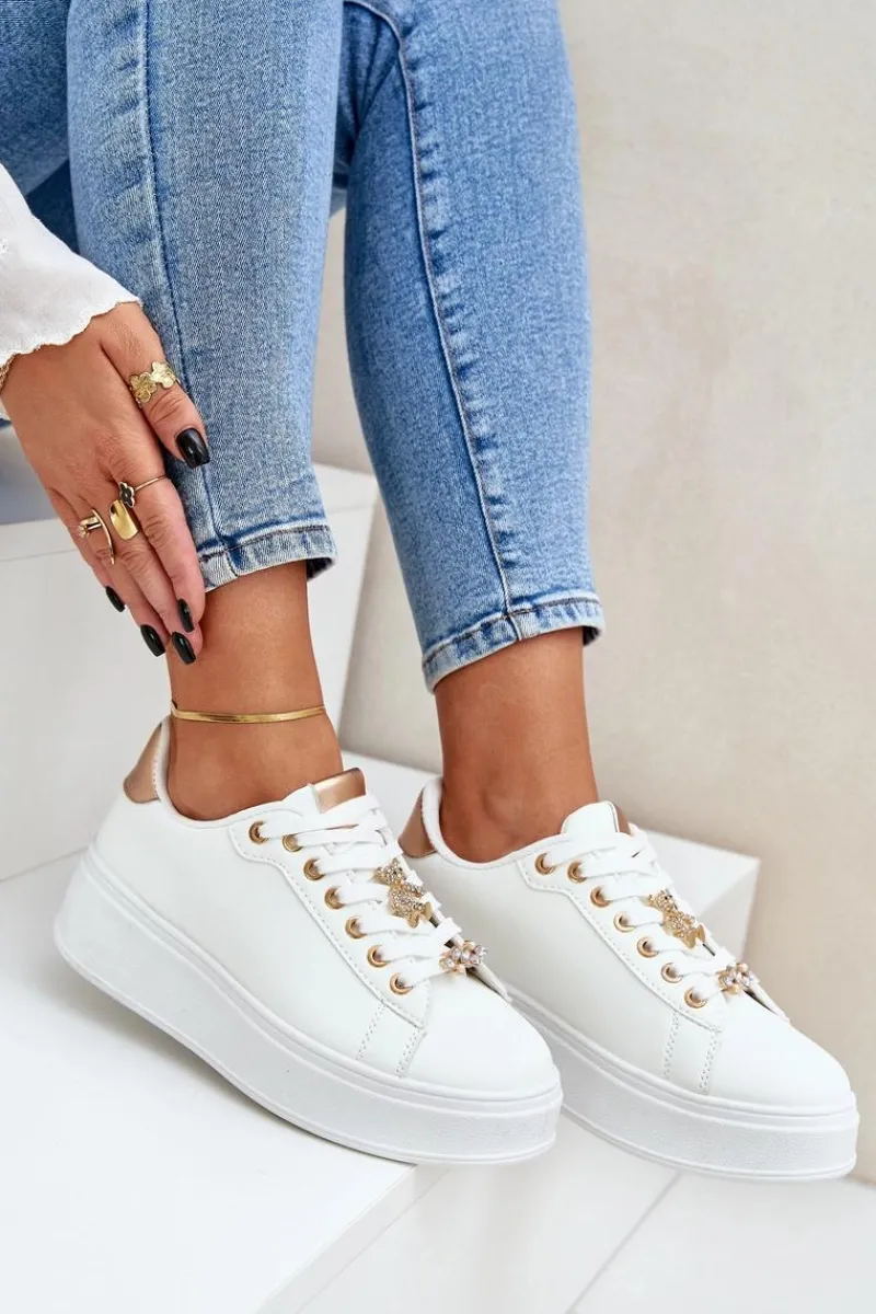 Online Eko Skórzane Sneakersy Z Przypinkami Biało-Złote Enalirae Damskie Buty Sportowe Na Platformie|Sneakersy Damskie