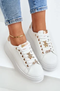 Online Eko Skórzane Sneakersy Z Przypinkami Biało-Złote Enalirae Damskie Buty Sportowe Na Platformie|Sneakersy Damskie