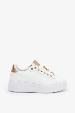 Online Eko Skórzane Sneakersy Z Przypinkami Biało-Złote Enalirae Damskie Buty Sportowe Na Platformie|Sneakersy Damskie