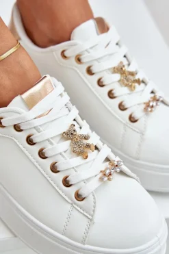 Online Eko Skórzane Sneakersy Z Przypinkami Biało-Złote Enalirae Damskie Buty Sportowe Na Platformie|Sneakersy Damskie