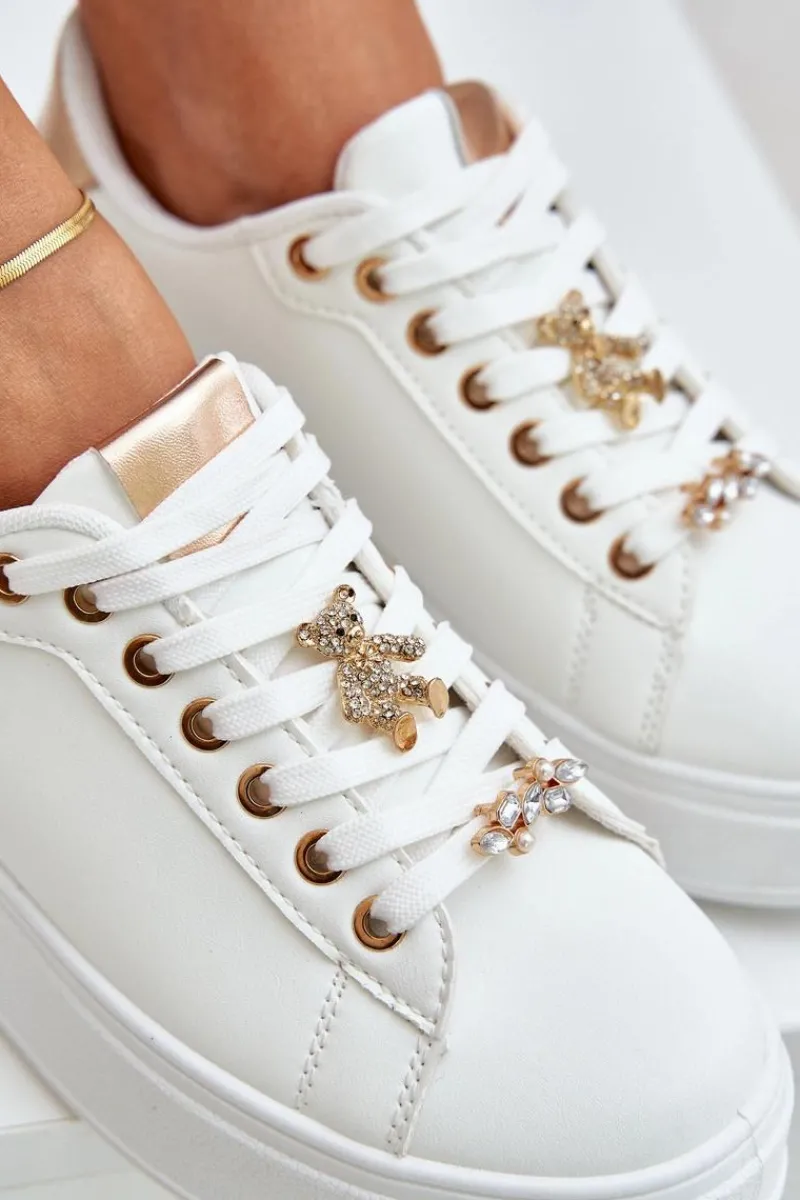 Online Eko Skórzane Sneakersy Z Przypinkami Biało-Złote Enalirae Damskie Buty Sportowe Na Platformie|Sneakersy Damskie