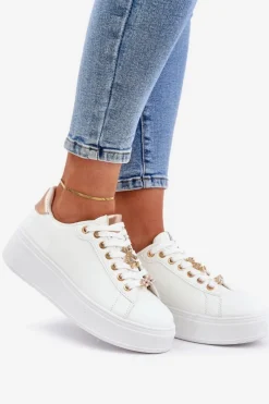 Online Eko Skórzane Sneakersy Z Przypinkami Biało-Złote Enalirae Damskie Buty Sportowe Na Platformie|Sneakersy Damskie