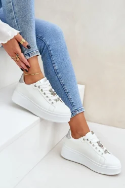 Clearance Boto Eko Skórzane Sneakersy Z Przypinkami Biało-Srebrne Enalirae