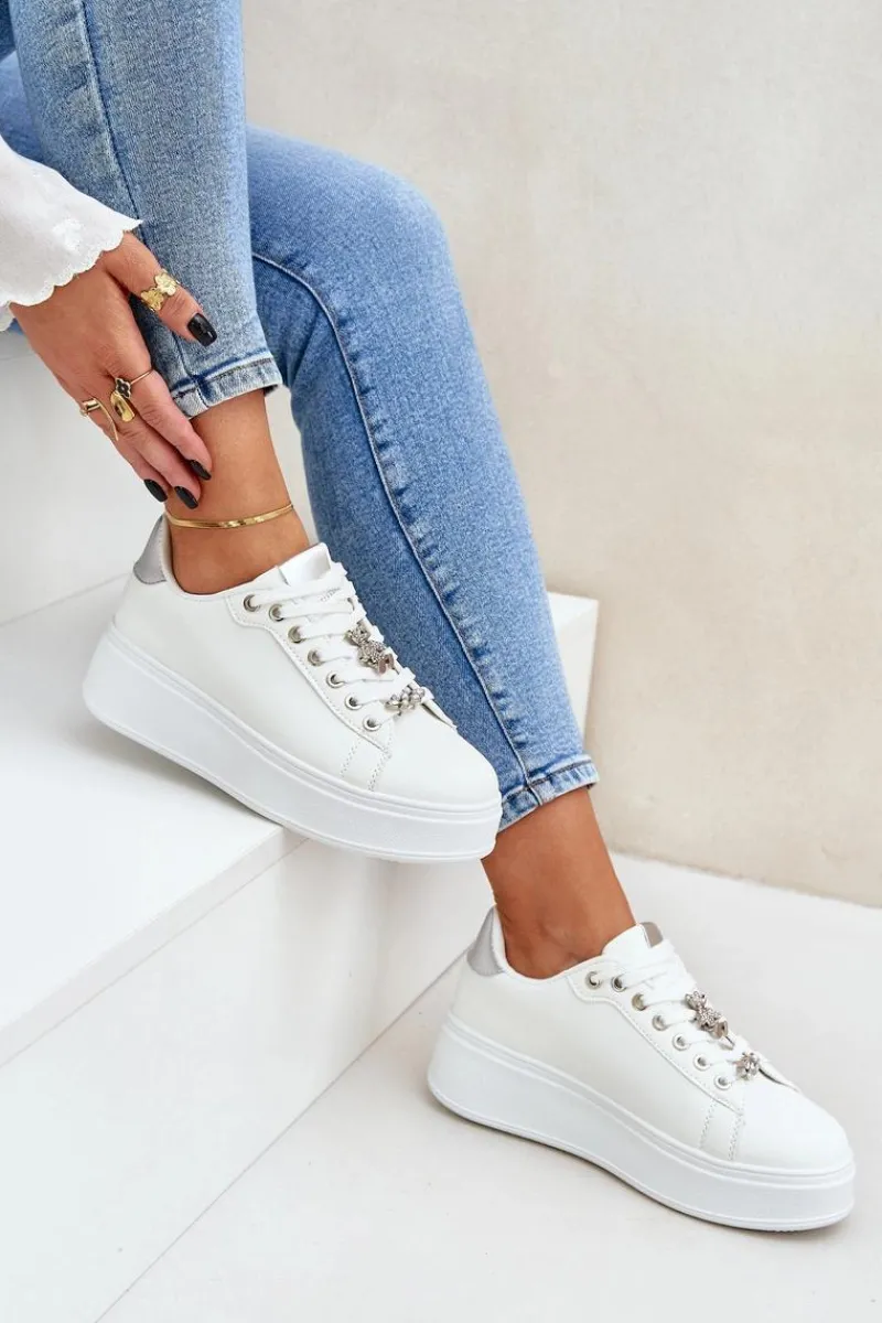 Clearance Boto Eko Skórzane Sneakersy Z Przypinkami Biało-Srebrne Enalirae