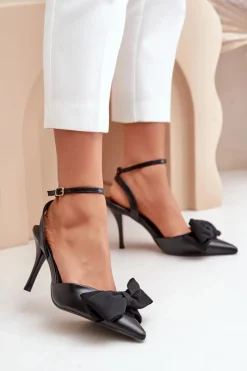 Czółenka Klasyczne>Boto Eko Skórzane Szpilki Z Kokardą Czarne Volamia Czarny