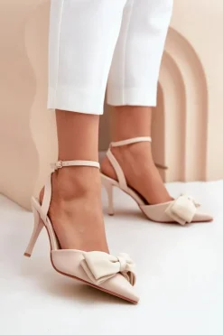 Czółenka Klasyczne>Boto Eko Skórzane Szpilki Z Kokardą Beżowe Volamia