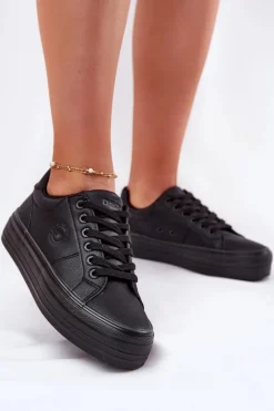 Trampki Damskie Big Star|Trampki Damskie Niskie>Big Star Shoes Eko Skórzane Trampki Damskie Na Platformie Big Star RR274299 Czarne Czarny
