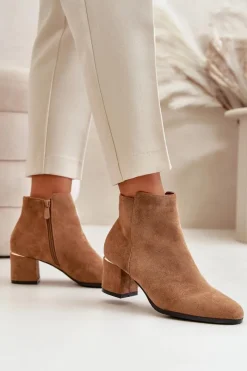 Brązowe I Beżowe Botki|Botki Na Obcasie>Boto Eko Zamszowe Botki Na Słupku Zapinane Na Zamek Camel Sairis