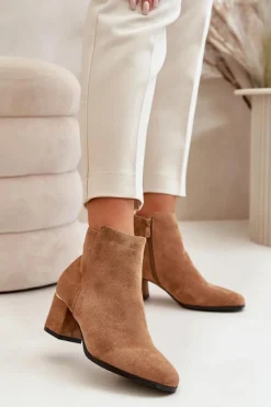 Brązowe I Beżowe Botki|Botki Na Obcasie>Boto Eko Zamszowe Botki Na Słupku Zapinane Na Zamek Camel Sairis