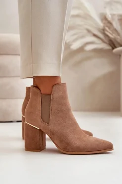 New Eko Zamszowe Botki Na Słupku Ocieplane Brązowe Daivine Damskie Brązowe I Beżowe Botki|Botki Na Obcasie