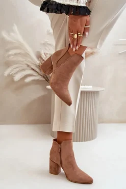 New Eko Zamszowe Botki Na Słupku Ocieplane Brązowe Daivine Damskie Brązowe I Beżowe Botki|Botki Na Obcasie