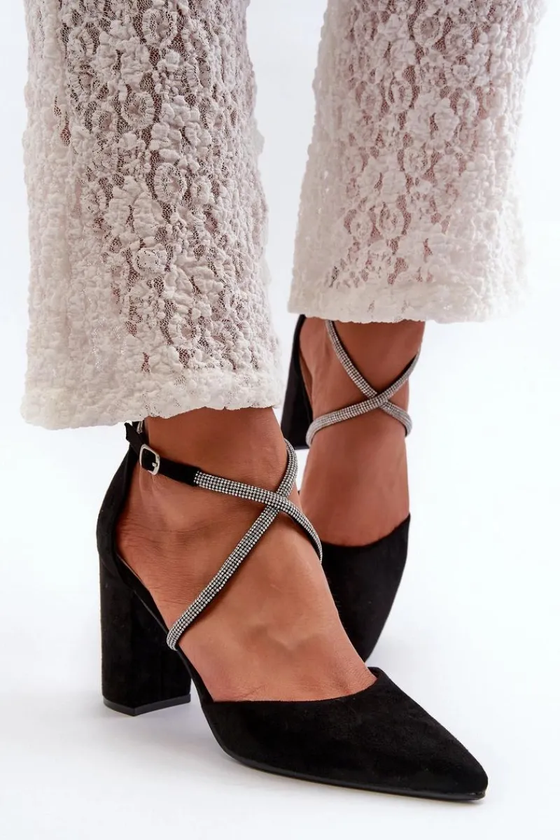 Best Eko Zamszowe Czółenka Na Słupku Z Cyrkoniami Czarne Lagra Damskie Czółenka Zamszowe|Czółenka Na Słupku