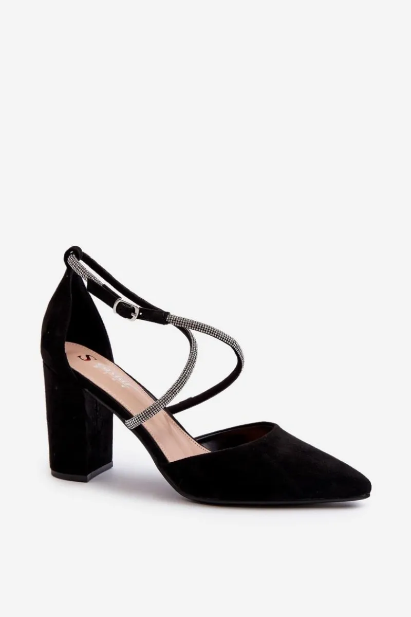 Best Eko Zamszowe Czółenka Na Słupku Z Cyrkoniami Czarne Lagra Damskie Czółenka Zamszowe|Czółenka Na Słupku