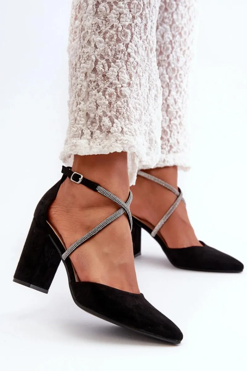 Best Eko Zamszowe Czółenka Na Słupku Z Cyrkoniami Czarne Lagra Damskie Czółenka Zamszowe|Czółenka Na Słupku