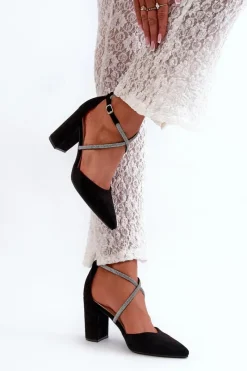 Best Eko Zamszowe Czółenka Na Słupku Z Cyrkoniami Czarne Lagra Damskie Czółenka Zamszowe|Czółenka Na Słupku