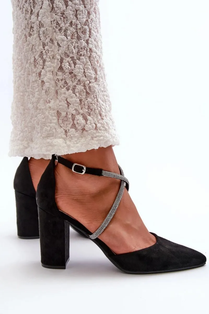 Best Eko Zamszowe Czółenka Na Słupku Z Cyrkoniami Czarne Lagra Damskie Czółenka Zamszowe|Czółenka Na Słupku