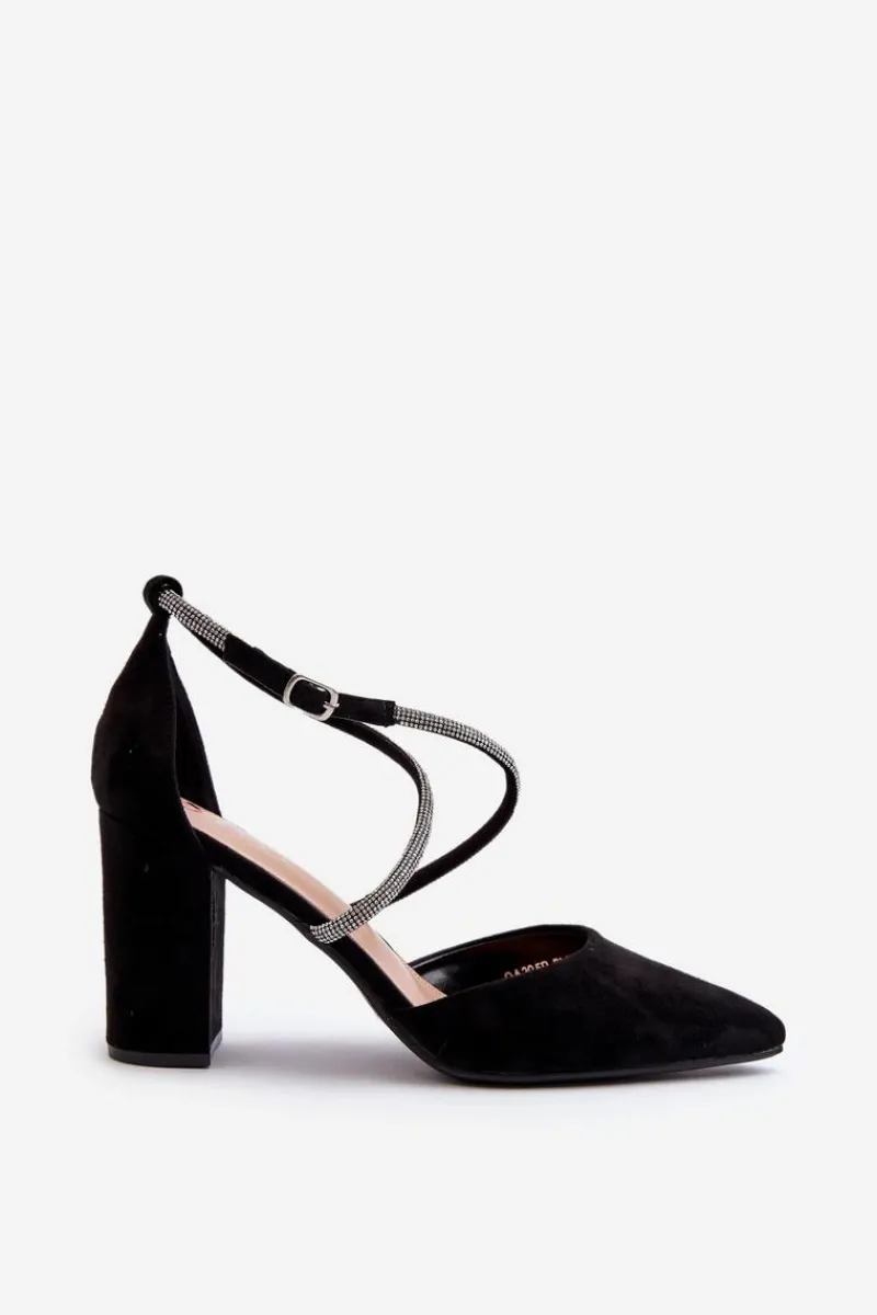 Best Eko Zamszowe Czółenka Na Słupku Z Cyrkoniami Czarne Lagra Damskie Czółenka Zamszowe|Czółenka Na Słupku