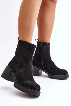 Clearance Boto Eko Zamszowe Damskie Botki Na Słupku Ocieplane Czarne Meriluna Czarny