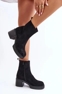 Clearance Boto Eko Zamszowe Damskie Botki Na Słupku Ocieplane Czarne Meriluna Czarny