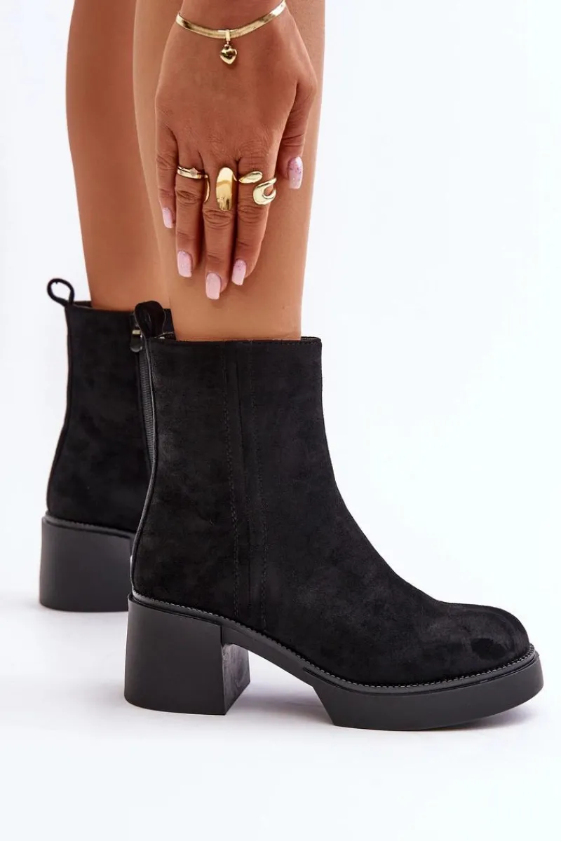 Clearance Boto Eko Zamszowe Damskie Botki Na Słupku Ocieplane Czarne Meriluna Czarny