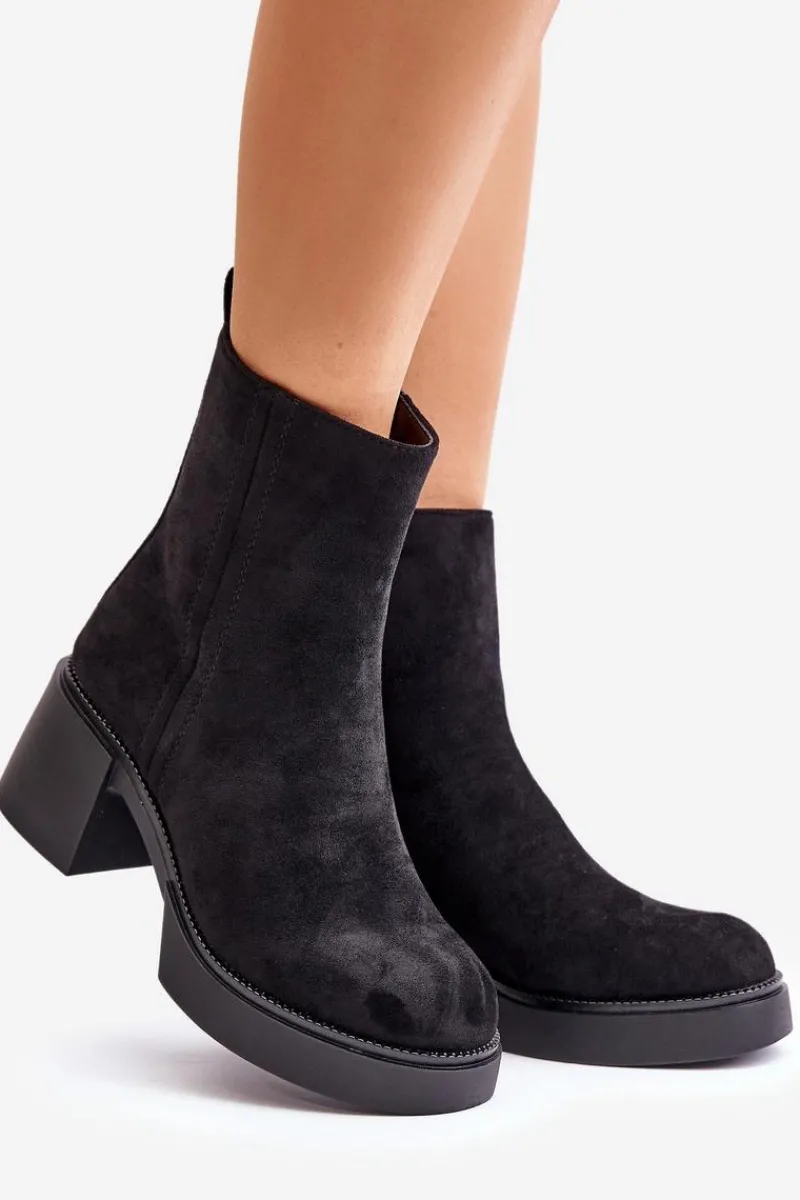 Clearance Boto Eko Zamszowe Damskie Botki Na Słupku Ocieplane Czarne Meriluna Czarny