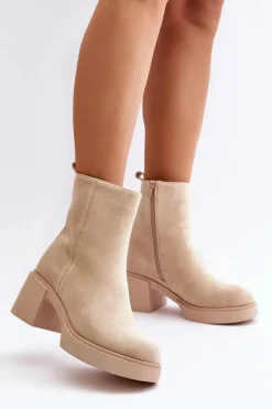 Botki Ocieplane|Brązowe I Beżowe Botki>Boto Eko Zamszowe Damskie Botki Na Słupku Ocieplane Jasnobeżowe Meriluna II-gat