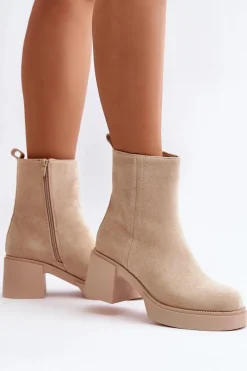 Botki Ocieplane|Brązowe I Beżowe Botki>Boto Eko Zamszowe Damskie Botki Na Słupku Ocieplane Jasnobeżowe Meriluna II-gat
