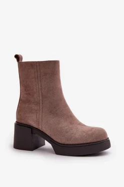 New Eko Zamszowe Damskie Botki Na Słupku Ocieplane Ciemnobeżowe Meriluna Damskie Brązowe I Beżowe Botki|Botki Na Obcasie