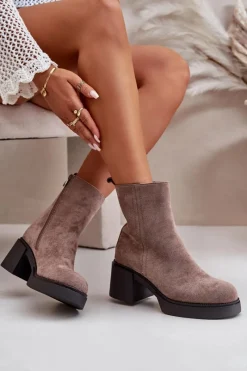 New Eko Zamszowe Damskie Botki Na Słupku Ocieplane Ciemnobeżowe Meriluna Damskie Brązowe I Beżowe Botki|Botki Na Obcasie