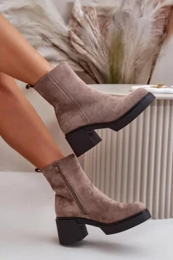 New Eko Zamszowe Damskie Botki Na Słupku Ocieplane Ciemnobeżowe Meriluna Damskie Brązowe I Beżowe Botki|Botki Na Obcasie