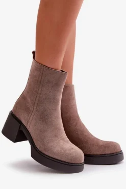 New Eko Zamszowe Damskie Botki Na Słupku Ocieplane Ciemnobeżowe Meriluna Damskie Brązowe I Beżowe Botki|Botki Na Obcasie
