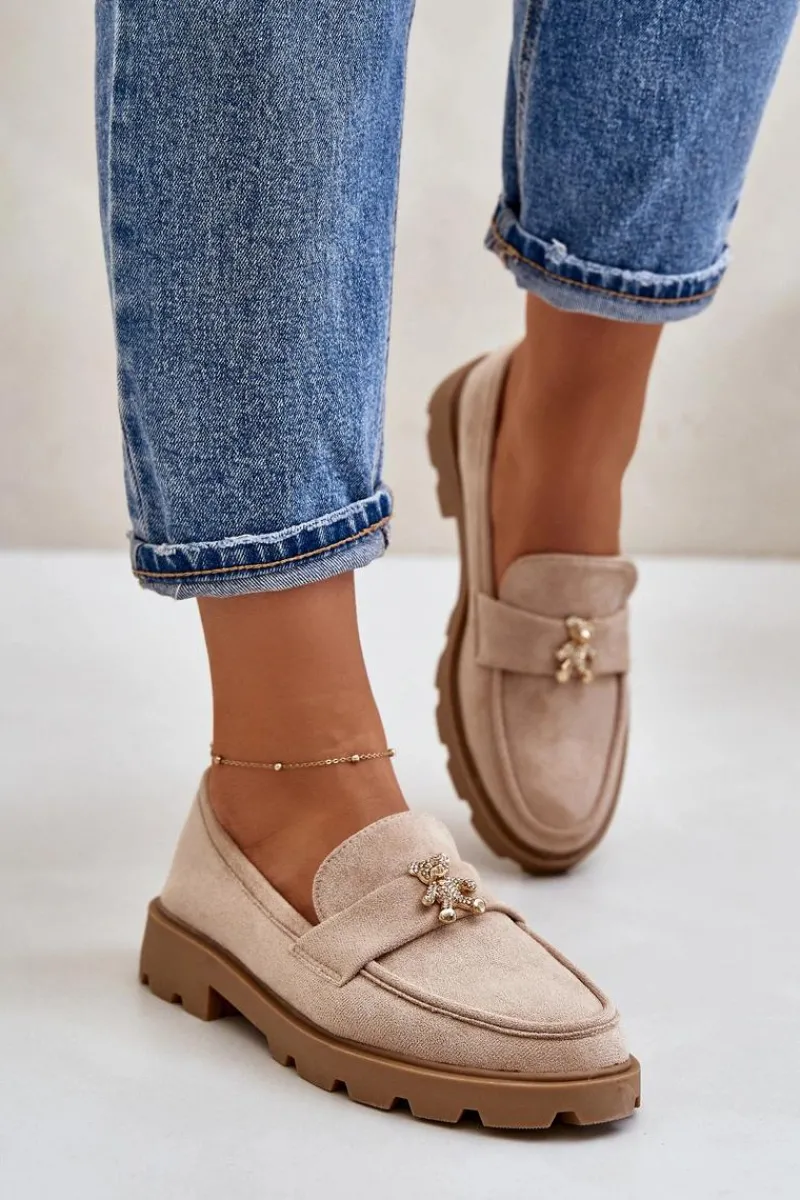 Loafersy Damskie|Mokasyny Damskie Lakierowane>Boto Eko Zamszowe Damskie Mokasyny Z Misiem Beżowe Kaithra