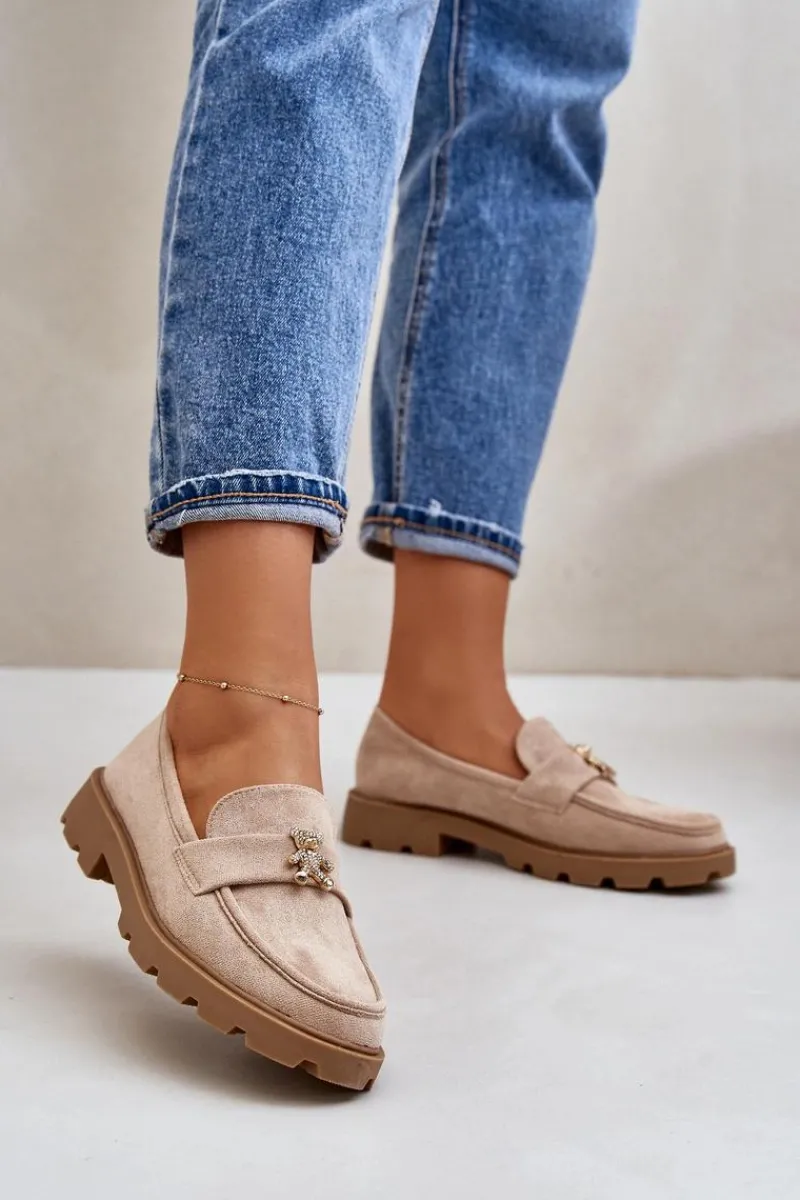 Loafersy Damskie|Mokasyny Damskie Lakierowane>Boto Eko Zamszowe Damskie Mokasyny Z Misiem Beżowe Kaithra